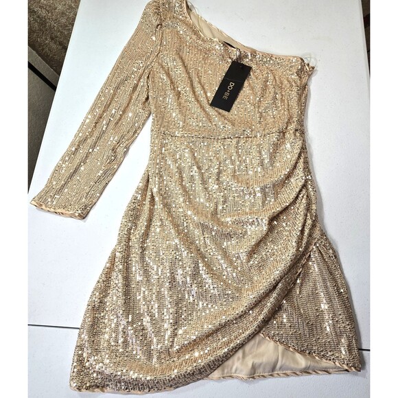 Dresses & Skirts - NWT  DO+BE Women Size L Lined Sequin Gold One Sleeve Gathered Side Mini Dress